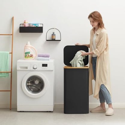 Lifewit 150L Wäschekorb faltbar mit Deckel, Bambus-Griffe, herausnehmbarer Wäschesack, Schwarz