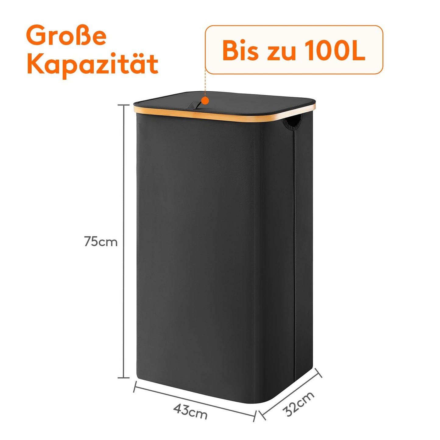 Lifewit 150L Wäschekorb faltbar mit Deckel, Bambus-Griffe, herausnehmbarer Wäschesack, Schwarz