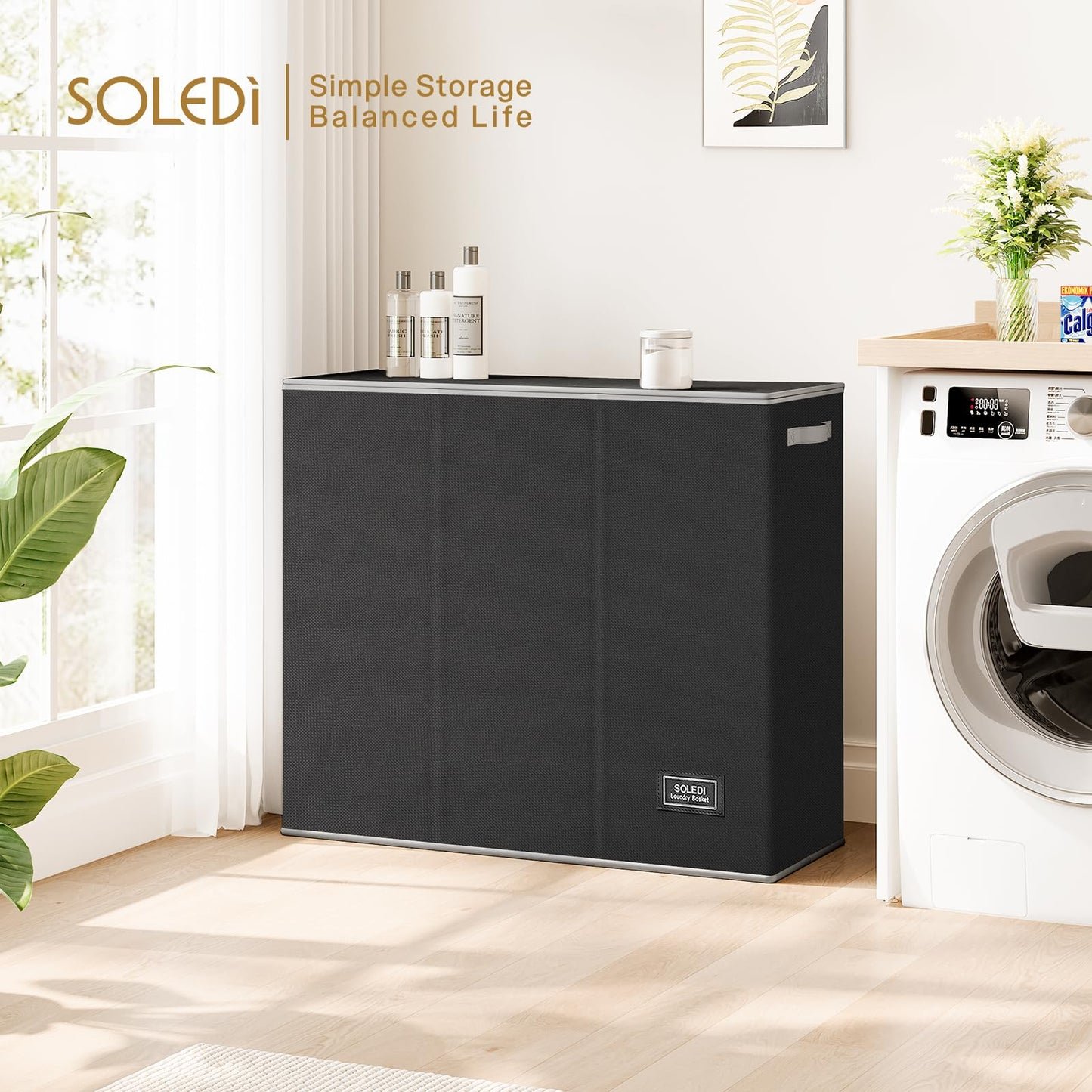 SOLEDI 180L Wäschesortierer 3 Fächer mit Deckel, faltbarer Wäschesammler XXL, Bambus-Design schwarz