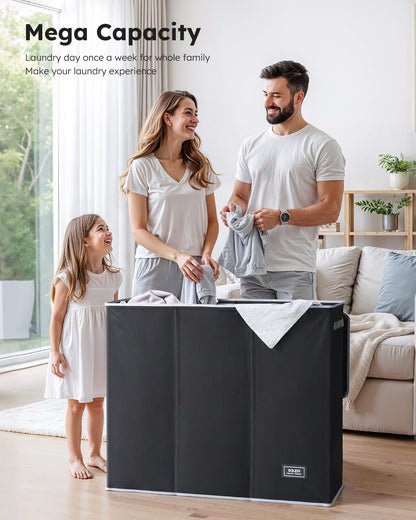 SOLEDI 180L Wäschesortierer 3 Fächer mit Deckel, faltbarer Wäschesammler XXL, Bambus-Design schwarz