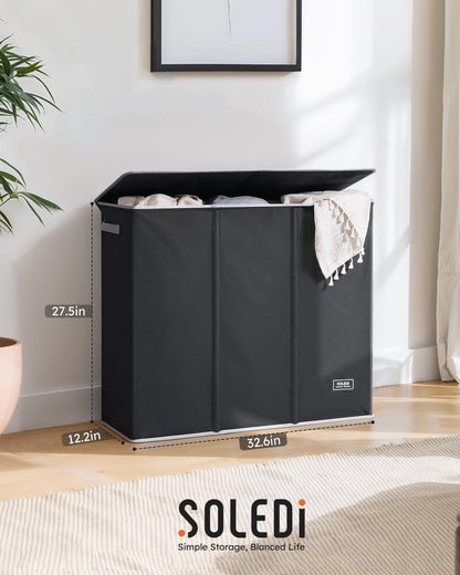 SOLEDI 180L Wäschesortierer 3 Fächer mit Deckel, faltbarer Wäschesammler XXL, Bambus-Design schwarz