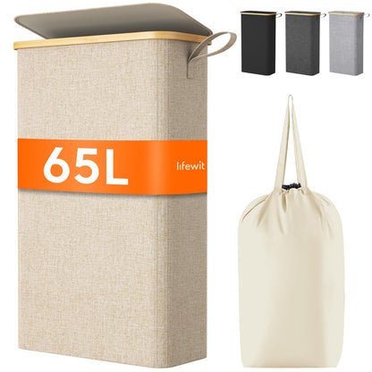 Lifewit 65L Wäschekorb Schmal mit Deckel & Wäschesack, Bambus Faltbar, 41x22x72cm