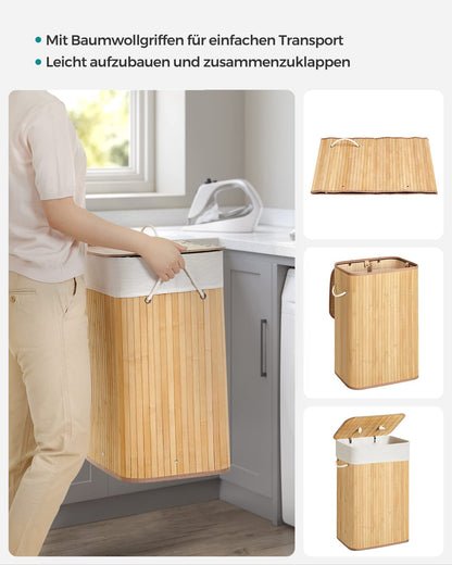SONGMICS Wäschekorb 72L Bambus mit Deckel, faltbar, herausnehmbarer Wäschesack, platzsparend