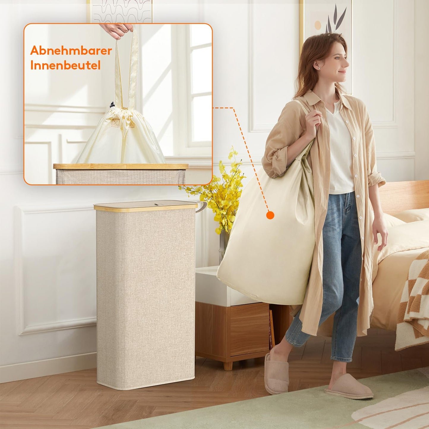 Lifewit 65L Wäschekorb Schmal mit Deckel & Wäschesack, Bambus Faltbar, 41x22x72cm