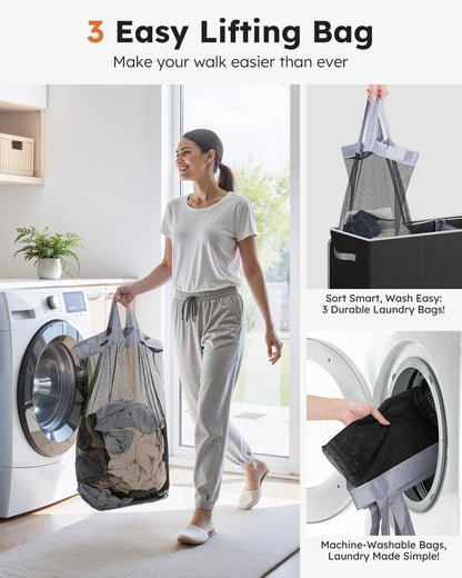 SOLEDI 180L Wäschesortierer 3 Fächer mit Deckel, faltbarer Wäschesammler XXL, Bambus-Design schwarz