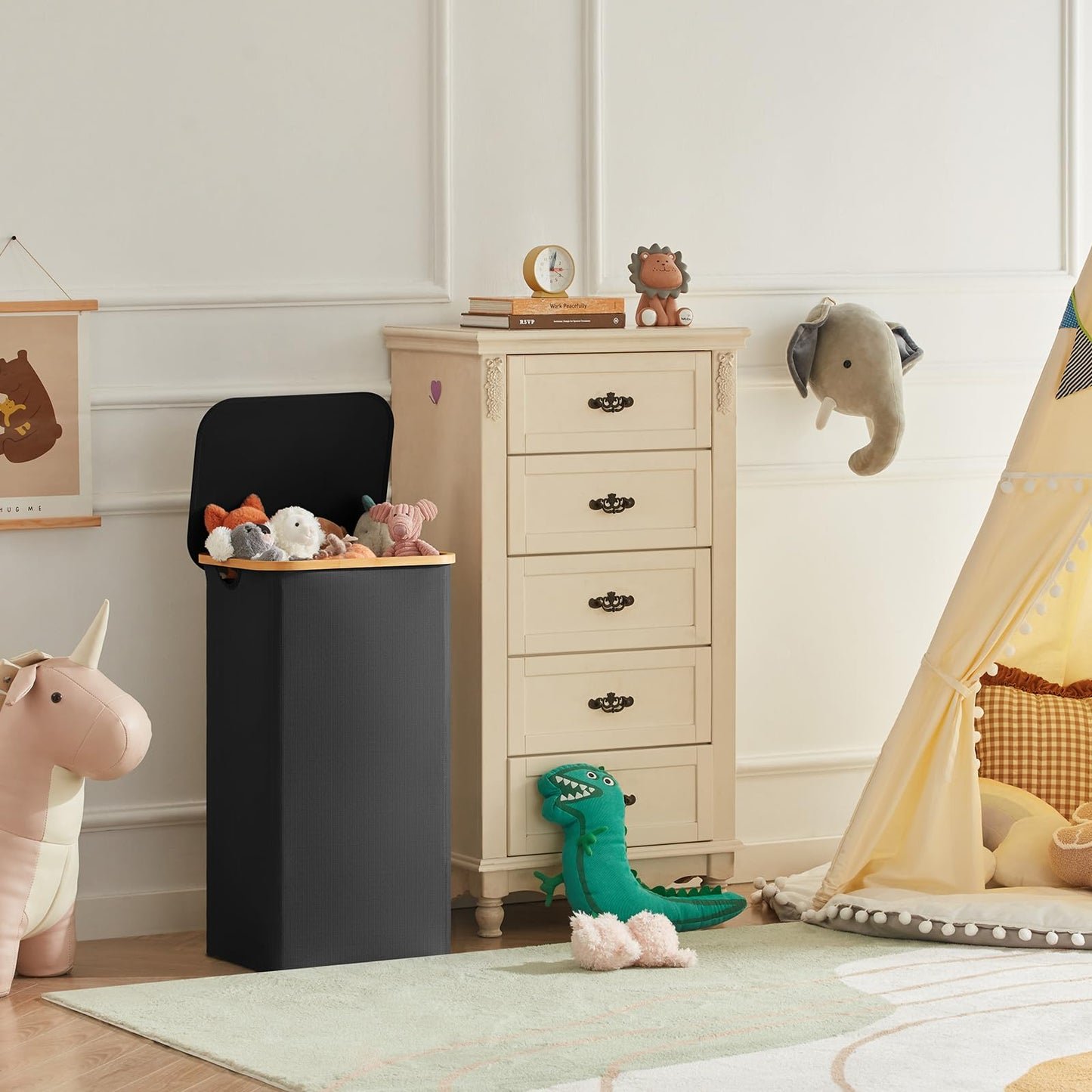 Lifewit 150L Wäschekorb faltbar mit Deckel, Bambus-Griffe, herausnehmbarer Wäschesack, Schwarz