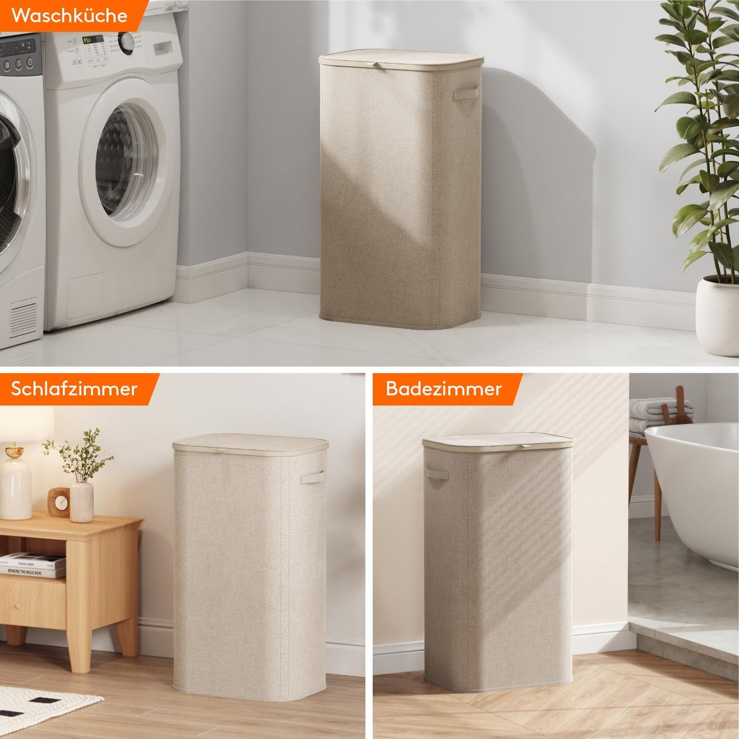 Lifewit 105L Wäschekorb mit Deckel – Faltbar, großer Wäschesammler mit Kunststoffrahmen, Beige