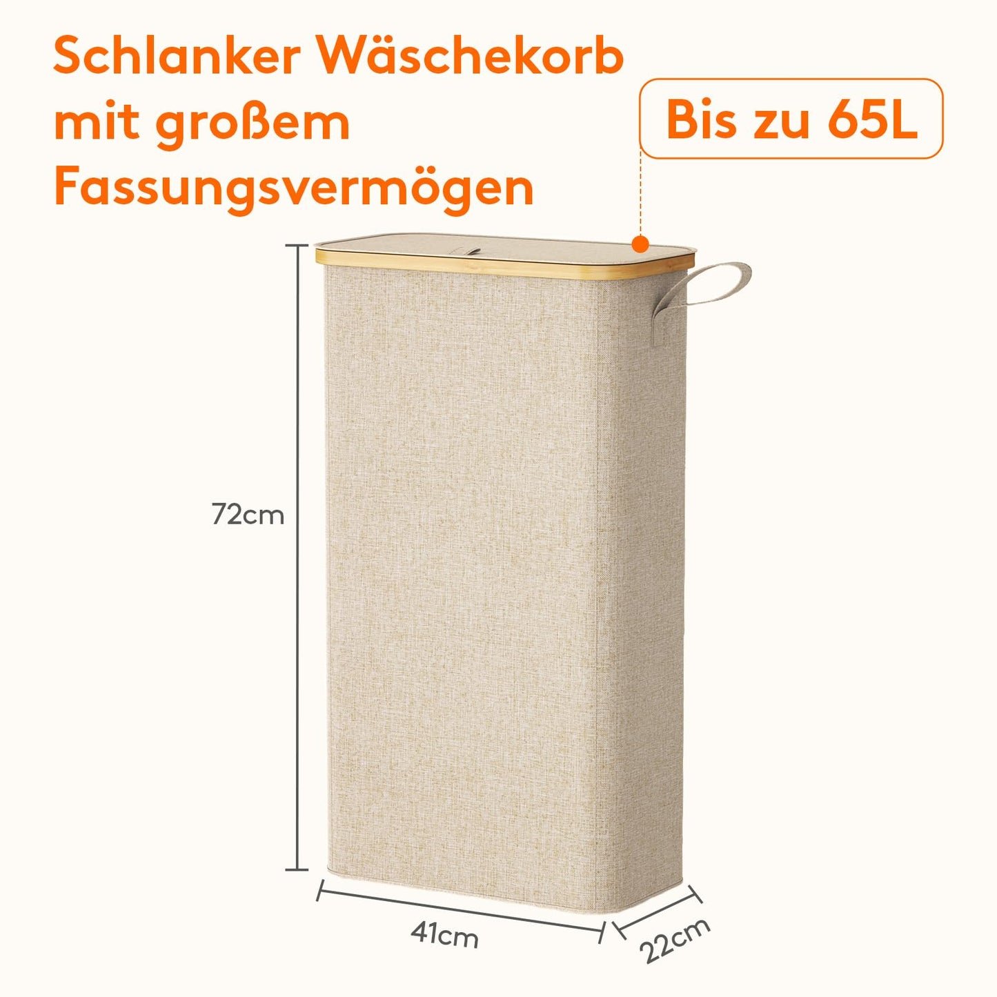 Lifewit 65L Wäschekorb Schmal mit Deckel & Wäschesack, Bambus Faltbar, 41x22x72cm