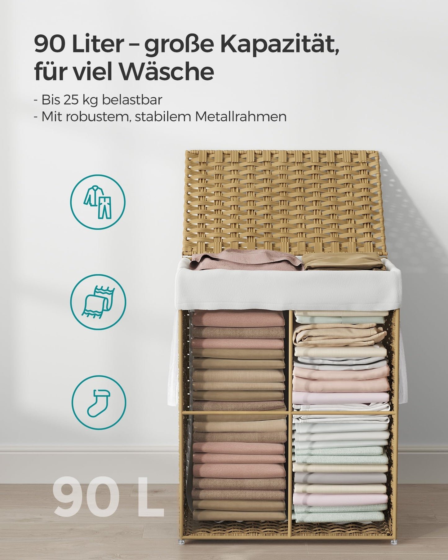 SONGMICS Wäschekorb 90L mit Deckel, faltbar, synthetisches Rattan, herausnehmbarer Wäschesack, Pastellgelb