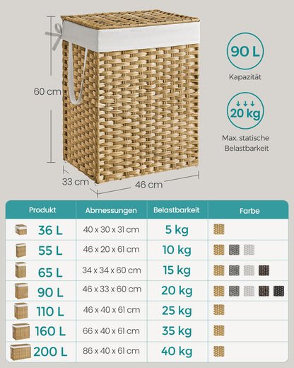 SONGMICS Wäschekorb 90L mit Deckel, faltbar, synthetisches Rattan, herausnehmbarer Wäschesack, Pastellgelb