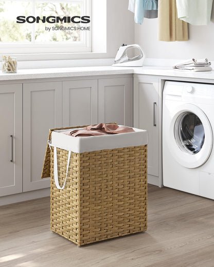 SONGMICS Wäschekorb 90L mit Deckel, faltbar, synthetisches Rattan, herausnehmbarer Wäschesack, Pastellgelb