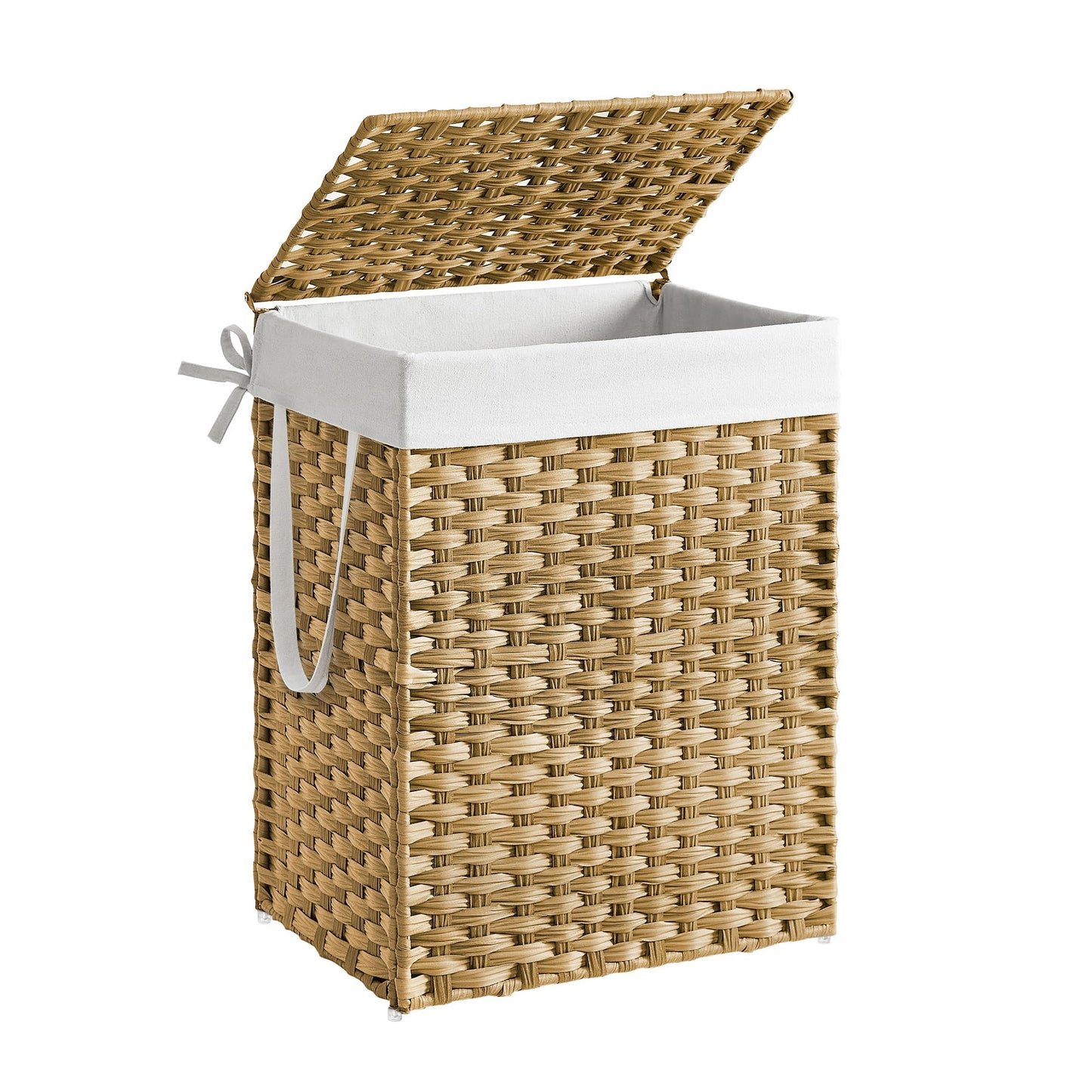 SONGMICS Wäschekorb 90L mit Deckel, faltbar, synthetisches Rattan, herausnehmbarer Wäschesack, Pastellgelb