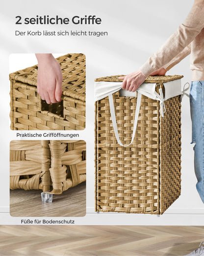SONGMICS Wäschekorb 90L mit Deckel, faltbar, synthetisches Rattan, herausnehmbarer Wäschesack, Pastellgelb