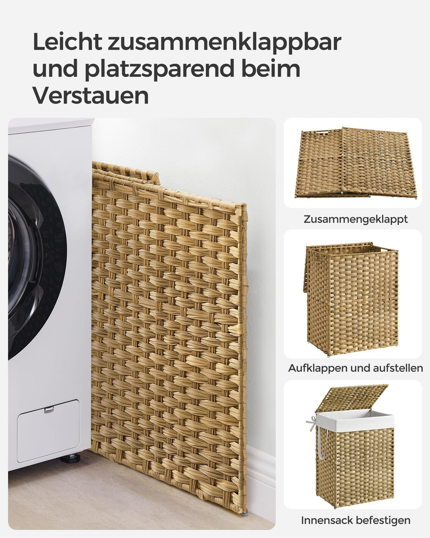 SONGMICS Wäschekorb 90L mit Deckel, faltbar, synthetisches Rattan, herausnehmbarer Wäschesack, Pastellgelb