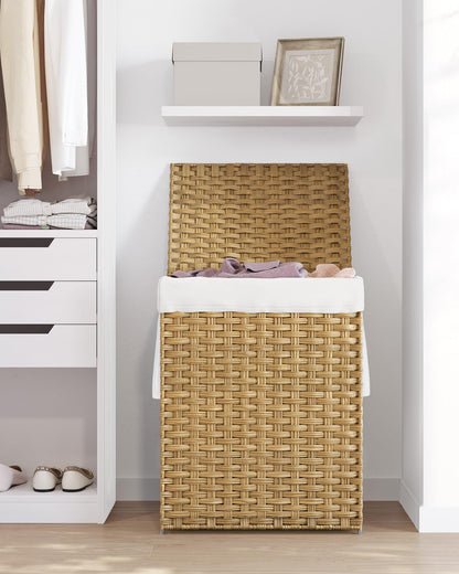SONGMICS Wäschekorb 90L mit Deckel, faltbar, synthetisches Rattan, herausnehmbarer Wäschesack, Pastellgelb