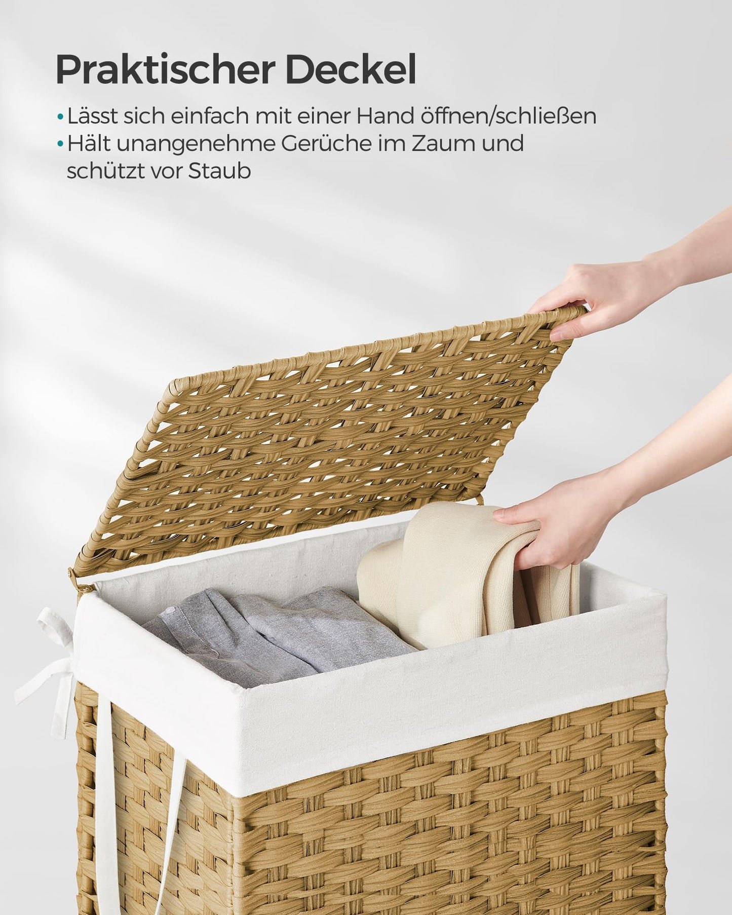 SONGMICS Wäschekorb 90L mit Deckel, faltbar, synthetisches Rattan, herausnehmbarer Wäschesack, Pastellgelb